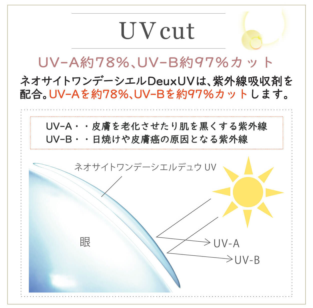 小松菜奈イメージモデルカラコン Neo Sight one day Ciel Deux UV -ネオサイトワンデーシエルデュウUV｜UV cut UV-A約78%、UV-B約97%カット ネオサイトワンデーシエルDeuxUVは、紫外線吸収剤を配合、UV-Aを約78%、UV-Bを約97%カットします。 UV-A…皮膚を老化させたり肌を黒くする紫外線 UB-B…日焼けや皮膚がんの原因となる紫外線 ネオサイトワンデーシエルデュウUV 眼 UV-A UV-B