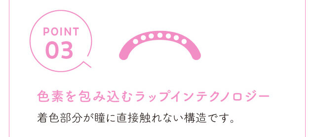 chayイメージモデルカラコン1day CaraEyes UVMoist naturalplus-ワンデーキャラアイUVモイストナチュラルプラス|POINT03 色素を包み込むラップインテクノロジー 着色部分が瞳に直接触れない構造です。