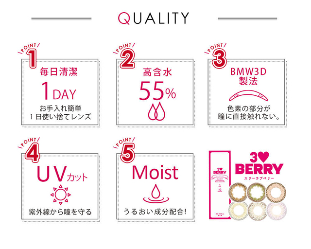 ちゃんえなイメージモデルカラコン 3♡BERRY-スリーラブベリー|QUALITY POINT1 毎日清潔 1DAY お手入れ簡単1日使い捨てレンズ POINT2 高含水55% POINT3 BMW3D製法 色素の部分が瞳に直接触れない。 POINT4 UVカット 紫外線から瞳を守る POINT5 うるおい成分配合! 3♡BERRY-スリーラブベリー