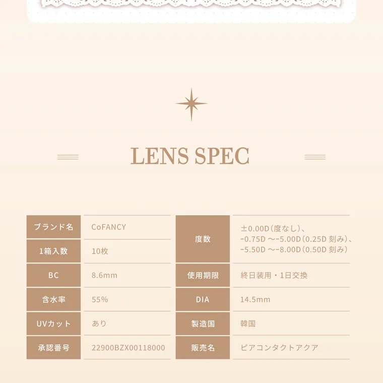 【cofancy/コファンシー】｜LENS SPEC ブランド名 COFANCY 度数 1箱入数 10枚 BC 8.6mm 使用期限 DIA ±0.00D (度なし)、 -0.75D~-5.00D(0.25D 刻み)、 -5.50D~-8.00D(0.50D 刻み) 終日装用 1日交換 14.5mm 製造国 韓国 承認番号 22900BZX00118000 含水率 55% 販売名 ピアコンタクトアクア