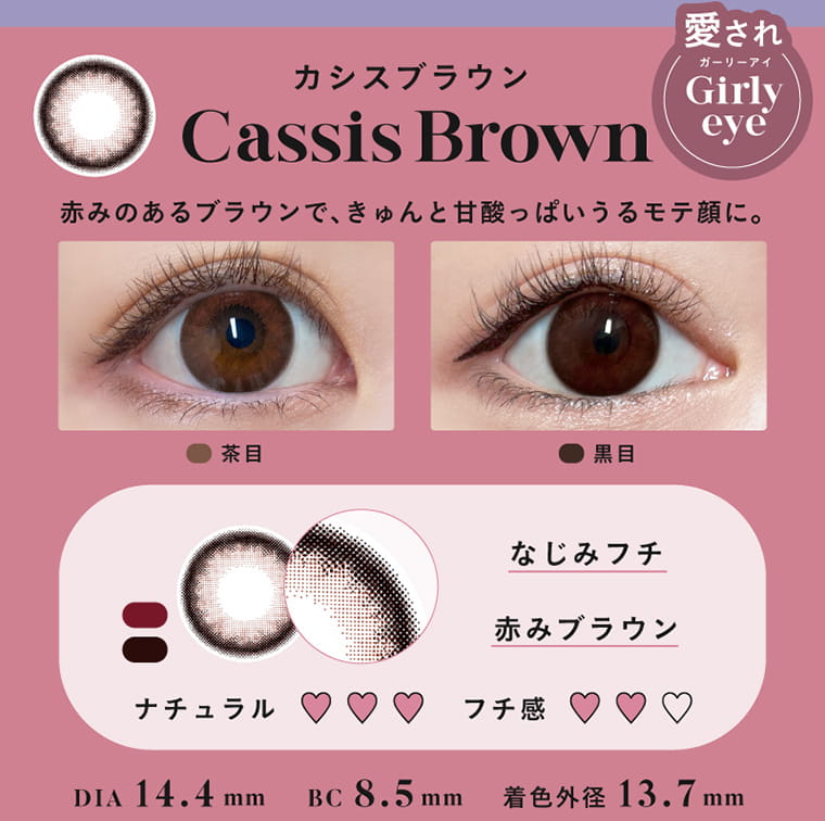 Angelcolor Bambi Series 1day バンビシリーズ|Cassis Brown カシスブラウン 赤みのあるブラウンで、きゅんと甘酸っぱいうるモテ顔に。 愛されDolly eye 茶目 黒目 なじみフチ 赤みブラウン ナチュラル♡♡♡ フチ感♡♡ DIA 14.4mm BC 8.5mm 着色直径13.7mm