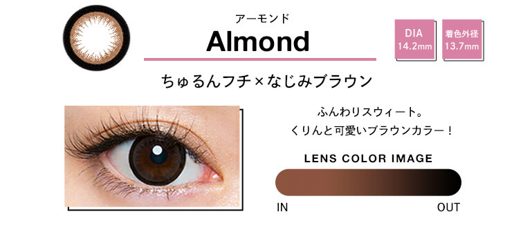 Almond アーモンド DIA 14.2mm 着色外径 13.7mm ちゅるんフチxなじみブラウン ふんわりスゥイート。くりんと可愛いブラウンカラー! LENS COLOR IMAGE IN OUT