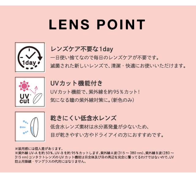 LENS POINT 1day レンズケア不要な1day 一日使い捨てなので毎日のレンズケアが不要です。滅菌された新しいレンズで、清潔・快適にお使いいただけます。 UV cut UVカット機能付き UVカット機能で、紫外線を約95%カット! 気になる瞳の紫外線対策に。(新色のみ) 乾きにくい低含水レンズ 低含水レンズ素材は水分蒸発量が少ないため、目が乾きやすい方やドライアイの方におすすめです。 使用感には個人差があります。 紫外線UV-A を約50%、UV-Bを約95%カットします。紫外線A波(315〜380mm)、紫外線B波(280〜315mm)コンタクトレンズのUVカット機能は目全体及び目の周辺を完全に覆っているわけではないので、UV防止用眼鏡・サンブラスの代用にはなりません。