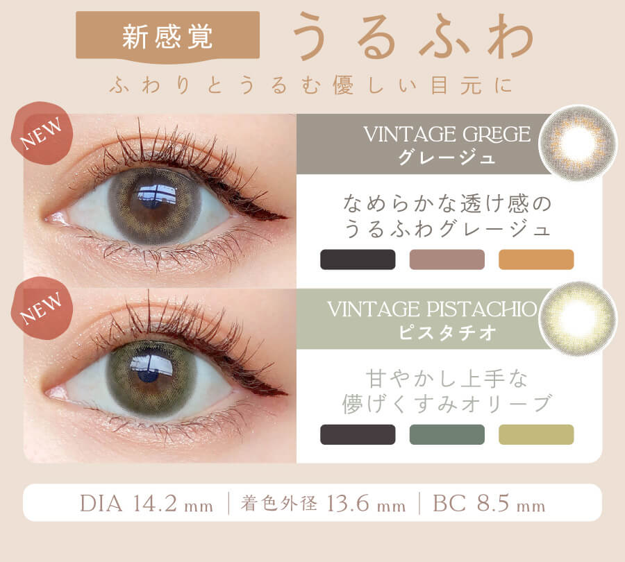 益若つばさプロデュースカラコン AngelColor Bambi Vintage 1day -エンジェルカラーバンビヴィンテージワンデー|新感覚 うるふわ ふわりとうるむ優しい目元に NEW ヴィンテージグレージュ VINTAGE GREGE なめらかな透け感のうるふわグレージュ VINTAGE PISTACHIO ヴィンテージピスタチオ 甘やかし上手な儚げくすみオリーブ DIA 14.2mm 着色外径 13.6mm BC 8.5mm