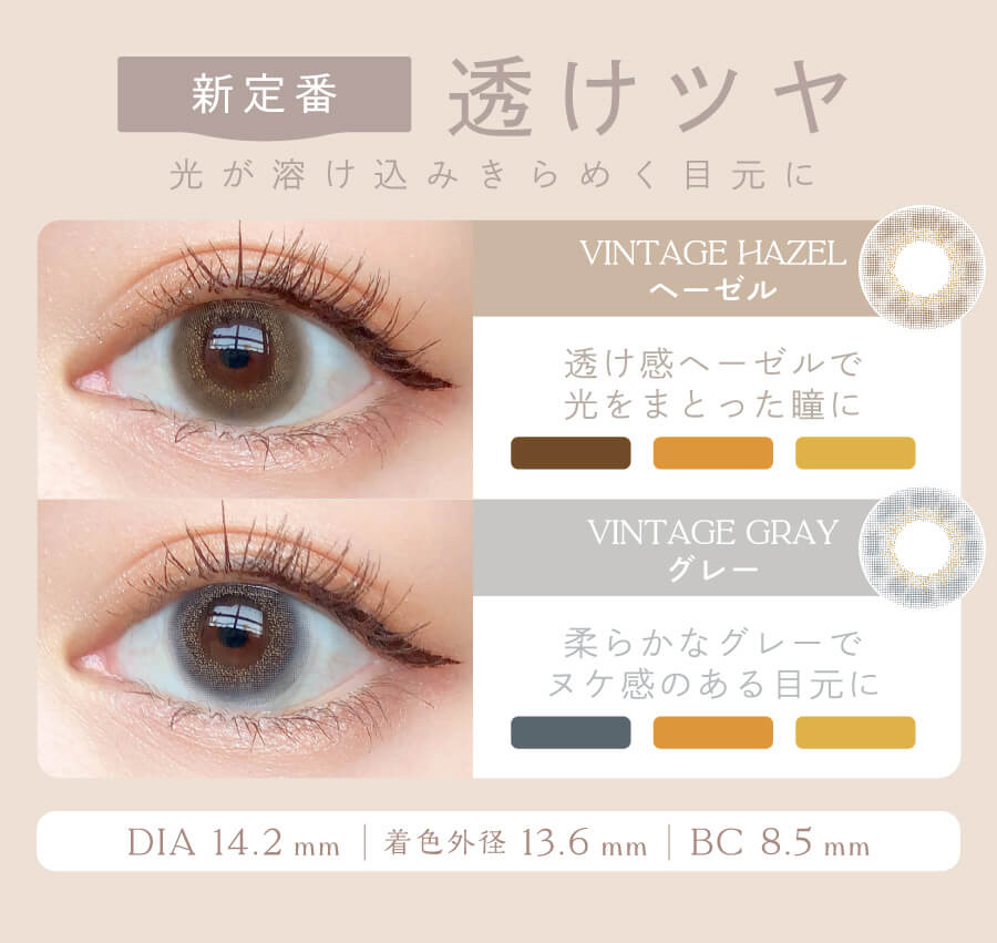 益若つばさプロデュースカラコン AngelColor Bambi Vintage 1day -エンジェルカラーバンビヴィンテージワンデー|新定番 透けツヤ 光が溶け込みきらめく目元に VINTAGE HAZEL ヴィンテージヘーゼル 透け感ヘーゼルで光をまとった瞳に VINTAGE GRAY ヴィンテージグレー 柔らかなグレーでヌケ感のある目元に DIA 14.2mm 着色外径 13.6mm BC 8.5mm