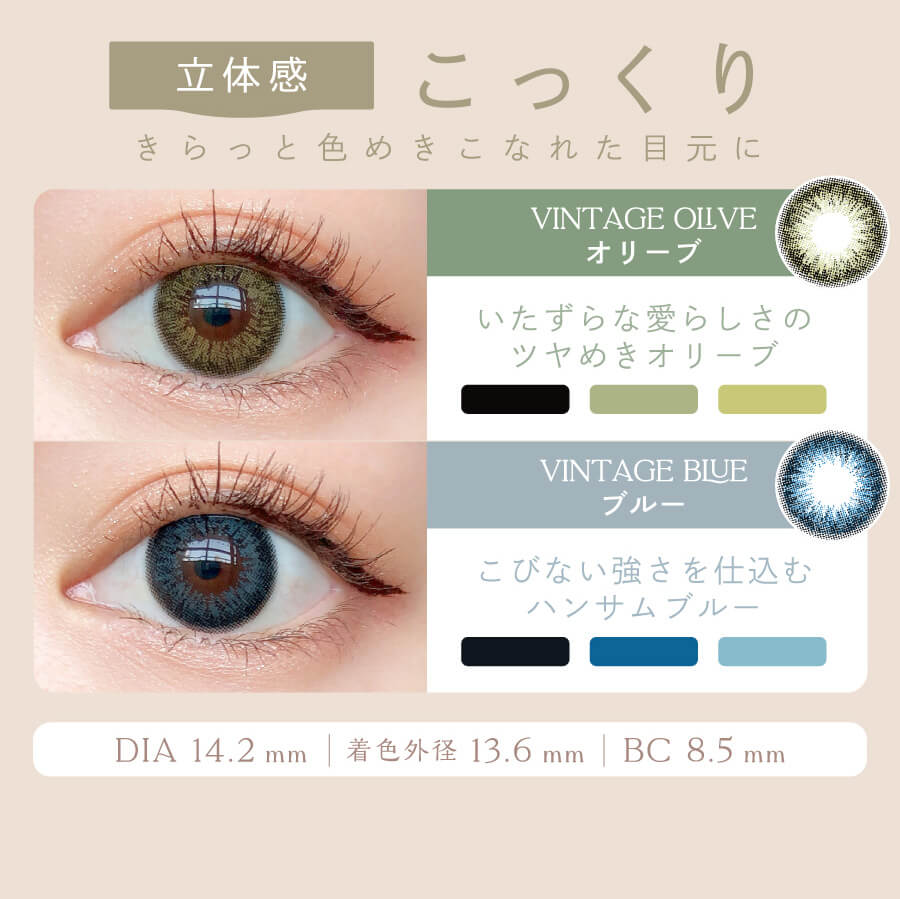 益若つばさプロデュースカラコン AngelColor Bambi Vintage 1day -エンジェルカラーバンビヴィンテージワンデー|立体感 こっくり きらっと色めきこなれた目元に VINTAGE OLIVE 悪戯な愛らしさのツヤめきオリーブ VINTAGE BLUE こびない強さを仕込むハンサムブルー DIA 14.2mm 着色外径 13.6mm BC 8.5mm