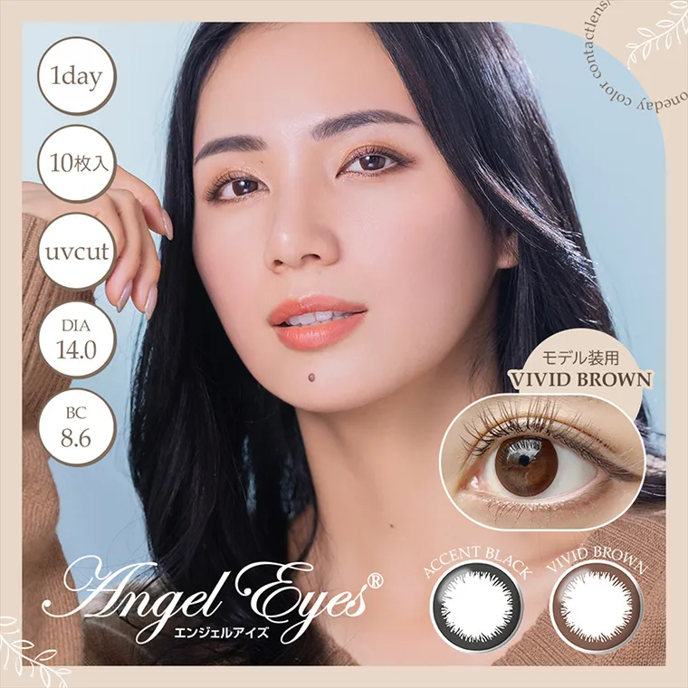 angeleyes-エンジェルアイズワンデーモイストUV-｜1day 10枚入 uvcut DIA14.0 BC8.6 モデル装用 VIVID BROWN AngelEyes エンジェルアイズ ACCENTBLACK VIVIDBROWN