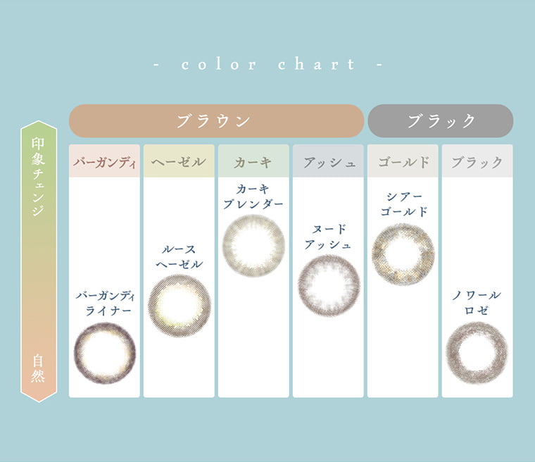 BELLSiQUE/ベルシーク|color chart ブラウン ブラック 印象チェンジ 自然 バーガンディ ヘーゼル カーキ アッシュ ゴールド ブラック バーガンディライナー ルースヘーゼル カーキブレンダー ヌードアッシュ シアーゴールド ノワールロゼ