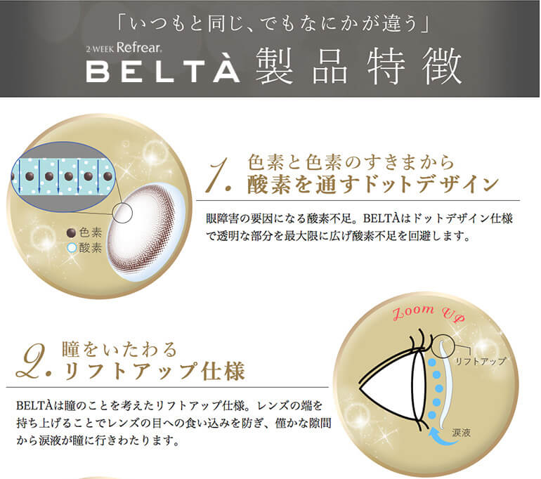 「いつもと同じ、でも何かが違う」2WEEK Refrear BELTA 製品特徴 1.色素と色素の隙間から酸素を通すドットデザイン 眼障害の要因になる酸素不足。BELTAはドットデザイン仕様で透明な部分を再打弦に広げ酸素不足を回避します。2.瞳をいたわるリフトアップ仕様 BELTAは瞳のことを考えたリフトアップ仕様。レンズの端を持ち上げることでレンズの目への食い込み過ぎを防ぎ、僅かな隙間から涙液が瞳に行きわたります。