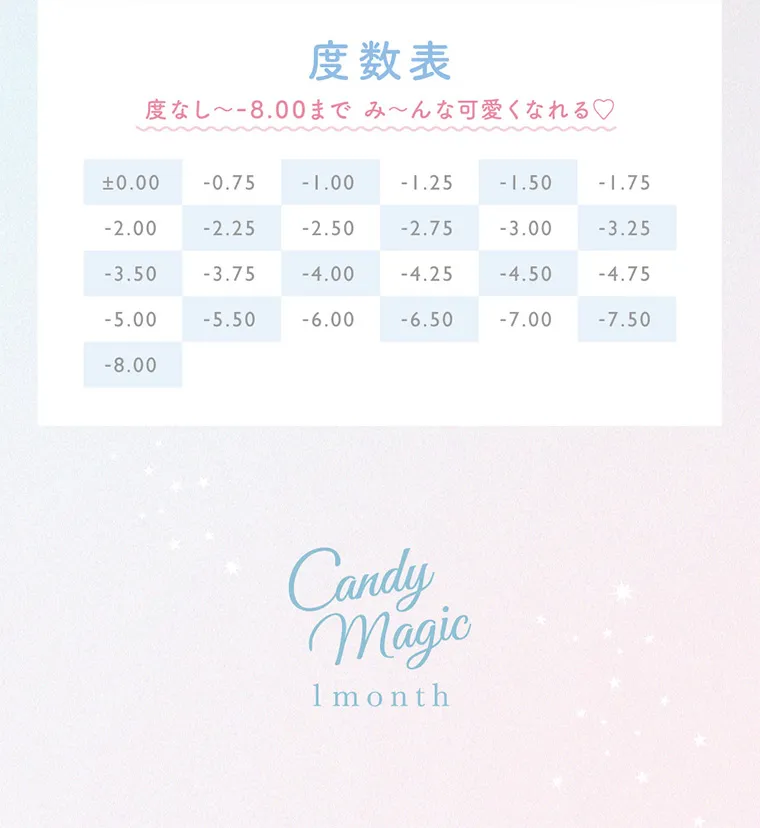 鈴木愛理イメージモデル｜Candy Magic 1month-キャンディーマジックマンスリー｜ 度数表 度なし～-8.00までみ～んな可愛くなれる♥ 度数表 ±0.00 -0.75 -1,00 -1.25 -1.50 -1.75 -2,00 -2.25 -2.50 -2.75 -3,00 -3.25 -3.50 -3.75 -4,00 -4.25 -4.50 -4.75 -5,00 -5.50 -6,00 -6.50 -7,00 -7.50 -8,00