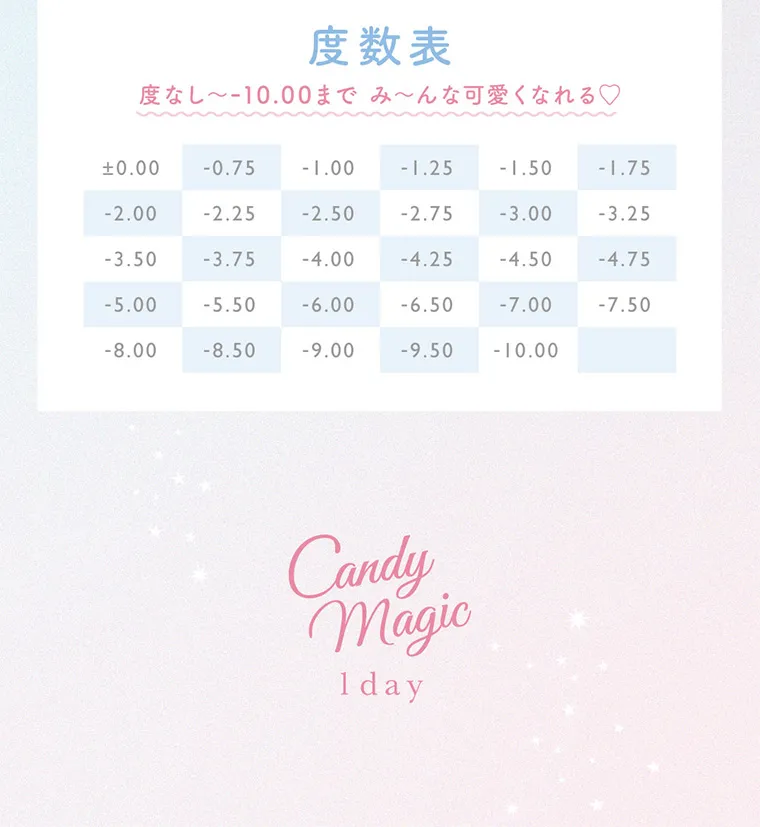 鈴木愛理イメージモデル｜candymagic 1day BLB/キャンディーマジックワンデー｜度なし～-10.00までみ～んな可愛くなれる♥ ±0.00 -0.75 -1,00 -1.25 -1.50 -1.75 -2,00 -2.25 -2.50 -2.75 -3,00 -3.25 -3.50 -3.75 -4,00 -4.25 -4.50 -4.75 -5,00 -5.50 -6,00 -6.50 -7,00 -7.50 -8,00 -8.50 -9,00 -9.50 -10,00