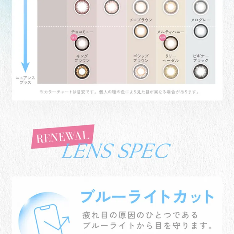 鈴木愛理イメージモデル｜candymagic 1day BLB/キャンディーマジックワンデー｜※カラーチャートは目安です。 個人の瞳の色により見た目が異なる場合があります。 RENEWAL LENS SPEC ブルーライトカット 疲れ目の原因のひとつである ブルーライトから目を守ります。 