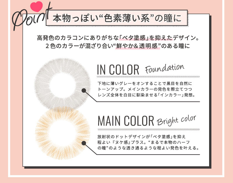 日向カリーナイメージモデルカラコン #CHOUCHOU -チュチュ|Point 本物っぽい”色素薄い系”の瞳に 高発色のカラコンにありがちな「ベタ塗感」を抑えたデザイン。2色のカラーが混ざり合い”鮮やか&透明感”のある瞳に IN COLOR Foundation 下地に薄いグレーをオンすることで黒目を自然にトーンアップ。メインカラーの発色を際立てつつレンズ全体を白目に馴染ませる「インカラー」発想。 MAIN COLOR Bright color 放射状のドットデザインが「ベタ塗感」を抑え程よい『ヌケ感』プラス。”まるで本物の瞳”のような透き通るような程よい発色を叶える。