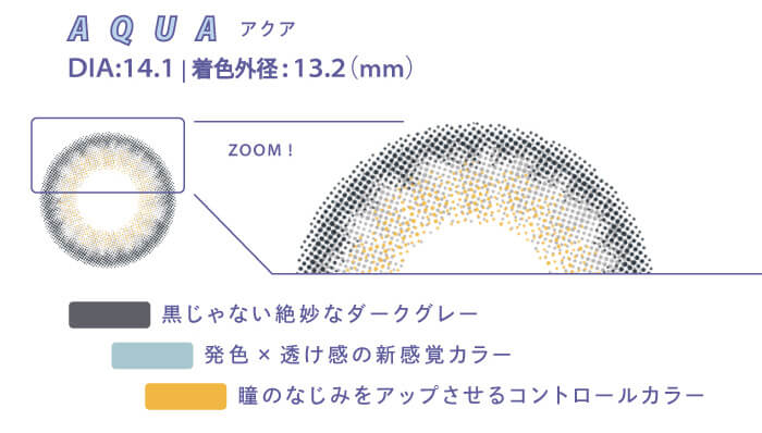 BLACK PINK イメージモデルカラコン CRUUM -クルーム|AQUA アクア DIA:14.1 着色外形:13.2mm ZOOM! 黒じゃない絶妙なダークグレー 発色×透け感の新感覚カラー 瞳のなじみをアップさせるコントロールカラー
