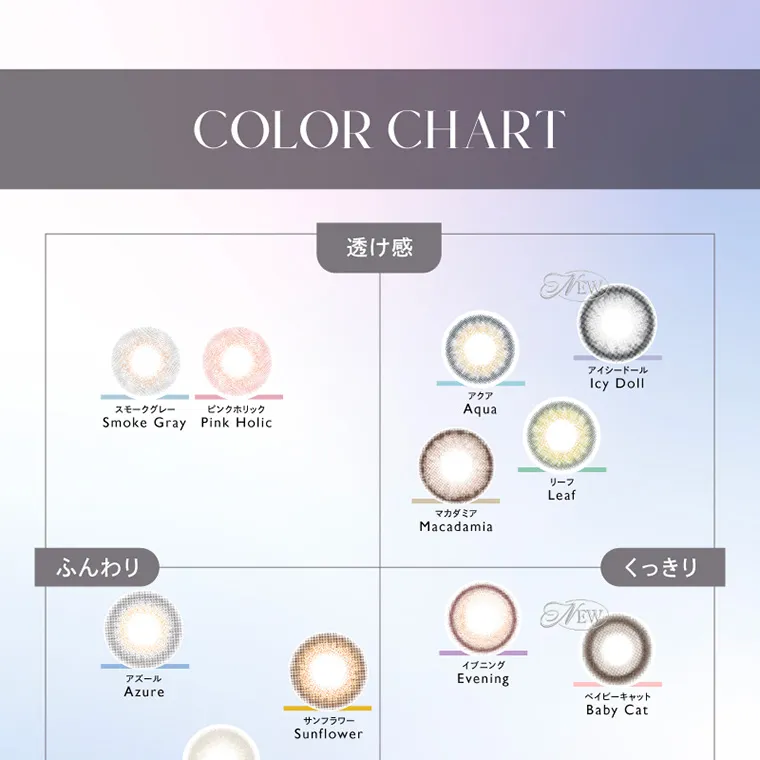 キム・ジアン イメージモデルカラコン CRUUM -クルーム｜COLOR CHART 透け感 ふんわり くっきり スモークグレー SmokeGray ピンクホリック PinkHolic アイシードール IcyDoll アクア Aqua リーフ Leaf マカダミア Macadamia アズール Azure サンフラワー Sunflower イブニング Evening ベイビーキャット BabyCat