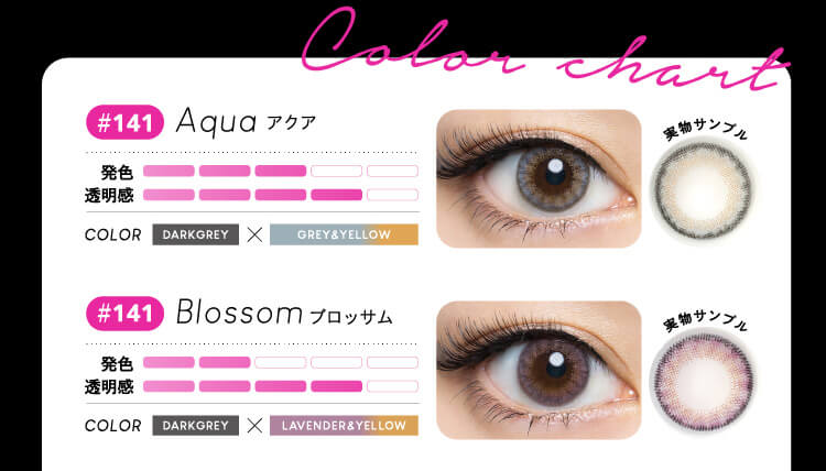 color chart Aqua アクア 発色 透明感 COLOR DARKGRAY×GRAY&YELLOW Blossom ブロッサム DARKGRAY×LAVENDER&YERROW