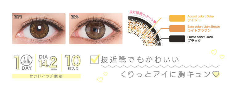 河北麻友子イメージモデルカラコン DECORATIVE EYES UV Moist-デコラティブアイズUVモイスト|抜け感極小ドット Accent color: Daisy デイジー Base color:Light Brown ライトブラウン Frame color : Black ブラック 接近戦でもかわいいくりっとアイに胸キュン 1日交換 DIA14.5mm 10枚入り サンドイッチ製法