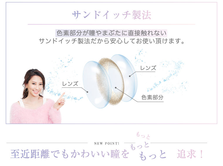 河北麻友子イメージモデル|DECORATIVE EYES VEIL-デコラティブアイズヴェール|サンドイッチ製法:色素部分が瞳やまぶたに直接触れないサンドイッチ製法だから安心してお使い頂けます。NEW POINT! もっと 至近距離でもかわいい瞳をもっと 追求!