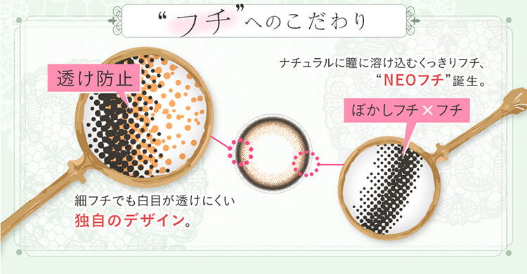 加藤玲奈イメージモデルカラコン em TULLE -エンチュール|【フチへのこだわり】<ぼかしフチ×フチ>ナチュラルに瞳に溶け込むくっきりフチ、NEOフチ誕生。<透け防止>細フチでも白目が透けにくい独自のデザイン。