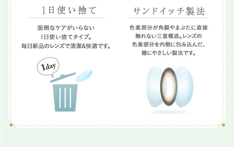 加藤玲奈イメージモデルカラコン em TULLE -エンチュール|<1日使い捨て>面倒なケアがいらない1日使い捨てタイプ。毎日新品のレンズで清潔&快適です。<サンドイッチ製法>色素部分が角膜やまぶたに直接触れない三重構造。レンズの色素部分を内側に包み込んだ、瞳にやさしい製法です。