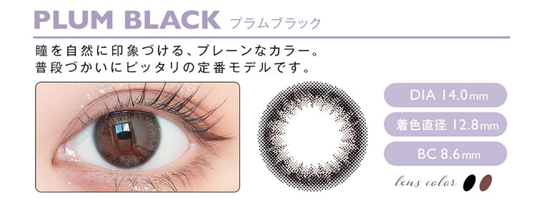 松本恵奈イメージモデル envie アンヴィ｜PLUMBLACK 瞳を自然に印象づける、プレーンなカラー。ふだんづかいにぴったりの定番モデルです。 DIA14.0mm 着色直径12.8mm BC8.6mm