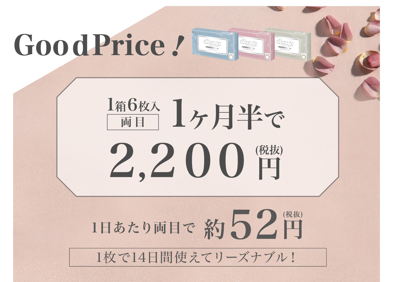大屋夏南イメージモデル エルージュ -eRouge|Goodprice! 1箱6枚入 両目 1ヶ月半で2,200円(税込)1日あたり両目で約52円(税込)1枚で14日間使えてリーズナブル!