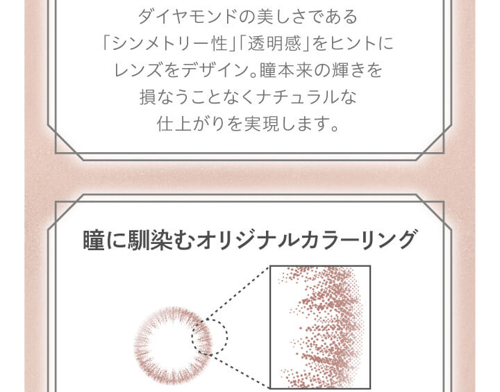 大屋夏南イメージモデル エルージュ -eRouge|ダイヤモンドの美しさである「シンメトリー性」「透明感」をヒントにレンズをデザイン。瞳本来の輝きをヒントにレンズをデザイン。瞳本来の輝きを損なうことなくナチュラルな仕上がりを実現します。瞳に馴染むオリジナルカラーリング