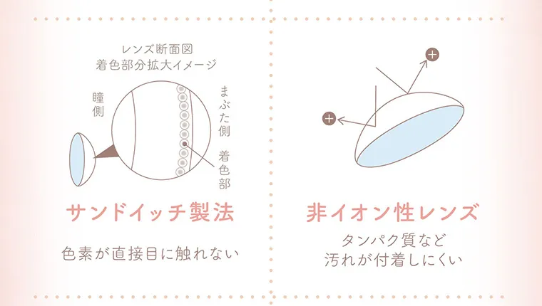 マーシュ彩イメージモデル エルージュ -eRouge｜レンズ断面図着色部分拡大イメージ 瞳側 まぶた側 着色部 サンドイッチ製法 色素が直接目に触れない 非イオン性レンズ タンパク質など汚れが付着しにくい