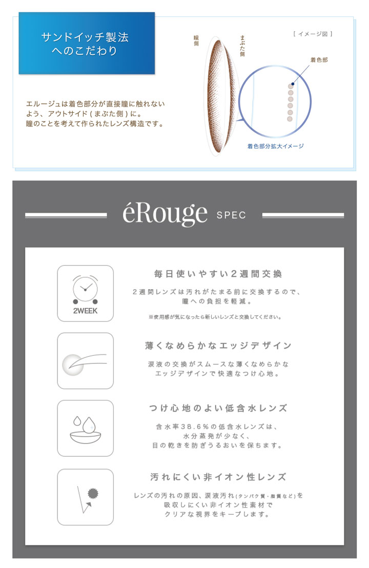 大屋夏南イメージモデル エルージュ -eRouge|<サンドイッチ製法へのこだわり>エルージュは着色部分が直接瞳に触れないよう、アウトサイド(まぶた側)に。 瞳のことを考えて作られたレンズ構造です。<毎日使いやすい2週間交換>2週間レンズは汚れがたまる前に交換するので、瞳への負担を軽減。※使用感が気になったら新しいレンズと交換してください。<薄くなめらかなエッジデザイン>涙液の交換がスムースな薄くなめらかなエッジデザインで快適なつけ心地。<つけ心地のよい低含水レンズ>含水率38.6 % の低含水レンズは、水分蒸発が少なく、目の乾きを防ぎうるおいを保ちます。<汚れにくい非イオン性レンズ>レンズの汚れの原因、涙液汚れ(タンパク質・脂質など)を吸収しにくい非イオン性 素材でクリアな視界をキープします。