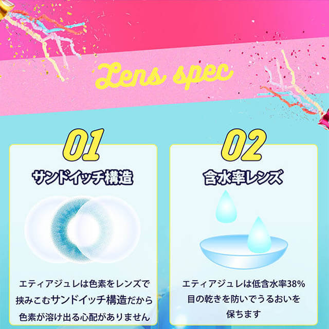 Etia gelee 1day -エティアジュレワンデー|Lens spec 01 サンドイッチ製法 エティアジュレは色素をレンズで挟み込みサンドイッチ構造だから色素が溶け出る心配がありません 02 含水率レンズ エティアジュレは低含水率38% 目の乾きを防いでうるおいを保ちます