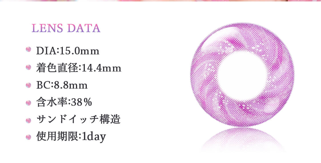 Etia Prism 1day／エティアプリズムワンデー｜LENS DATA DIA15.0mm 着色直径：14.4mm　BC8.8mm　含水率：38%　サンドイッチ構造　使用期限：1DAY