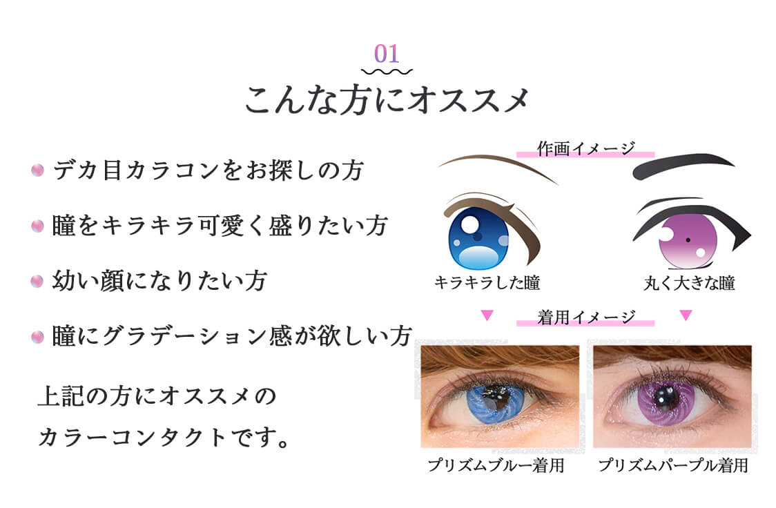 Etia Prism 1day／エティアプリズムワンデー｜01　こんな方にオススメ　デカ目カラコンをお探しの方　瞳をキラキラ可愛く盛りたい方　幼い顔になりたい方　瞳にグラデーション感が欲しい方　上記の方にオススメのカラーコンタクトです。　作画イメージ　キラキラした瞳　丸く大きな瞳　着用イメージ　プリズムブルー着用　プリズムパープル着用