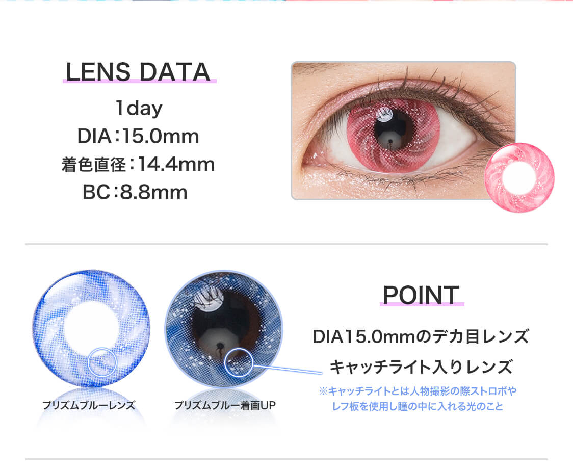 Etia Prism 1day／エティアプリズムワンデー｜LENS DATA 1day DIA:15.0mm 着色直径：14.4mm　BC：8.8mm　POINT　DIA15.0mmのデカ目レンズ　キャッチライト入りレンズ　プリズムブルーレンズ　プリズムブルー着画UP　※キャッチライトとは人物撮影の際ストロボやレフ板を使用し瞳の中に入れる光のこと