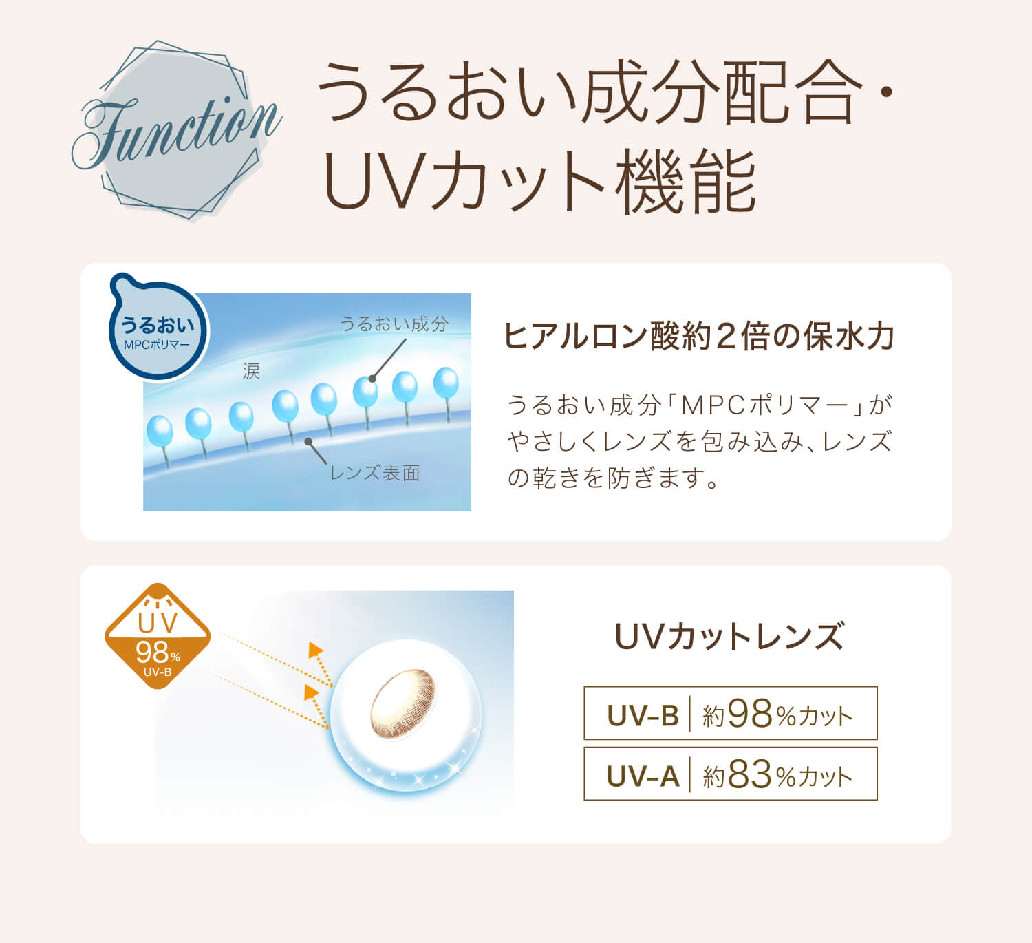 カラコン Ever Color 1day Natural -エバーカラーワンデーナチュラル|Function うるおい成分配合・UVカット機能 うるおいMPCポリマー 涙 うるおい成分 レンズ表面 ヒアルロン酸約2倍の保水力 うるおい成分「MPCポリマー」がやさしくレンズを包み込み、レンズの乾きを防ぎます。 UV98% UV-B 紫外線から瞳を守るUVカットレンズ UV-B約98%カット UV-A
約83%カット