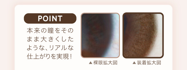 沢尻エリカイメージモデルカラコン Ever Color 1day Natural -エバーカラーワンデーナチュラル|POINT 本来の瞳をそのまま大きくしたような、リアルな仕上がりを実現!裸眼拡大図 装着拡大図