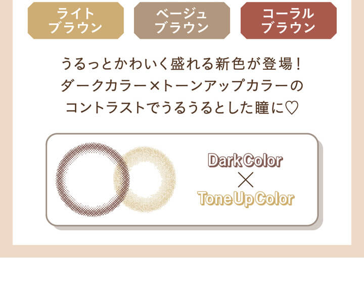 カラコン Ever Color 1day Natural -エバーカラーワンデーナチュラル|ライトブラウン ベージュブラウン コーラルブラウン うるっとかわいく盛れる新色が登場! ダークカラー×トーンアップカラーのコントラストがうるうるとした瞳に Darkcolor×Tornupcolor