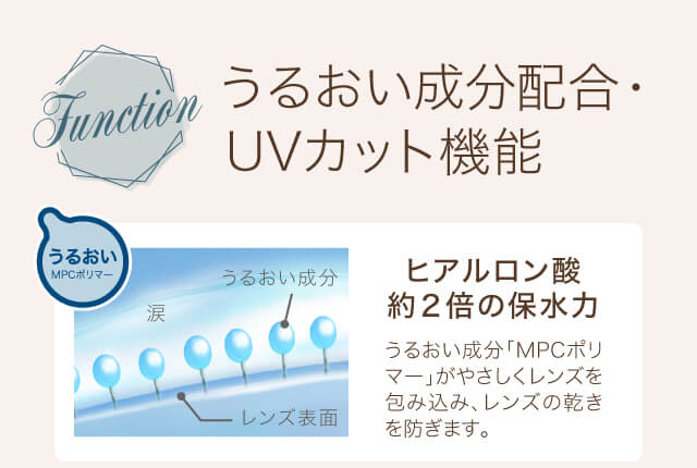 沢尻エリカイメージモデルカラコン Ever Color 1day Natural -エバーカラーワンデーナチュラル|Function うるおい成分配合・UVカット機能 うるおいMPCポリマー 涙 うるおい成分 レンズ表面 ヒアルロン酸約2倍の保水力 うるおい成分「MPCポリマー」がやさしくレンズを包み込み、レンズの乾きを防ぎます。