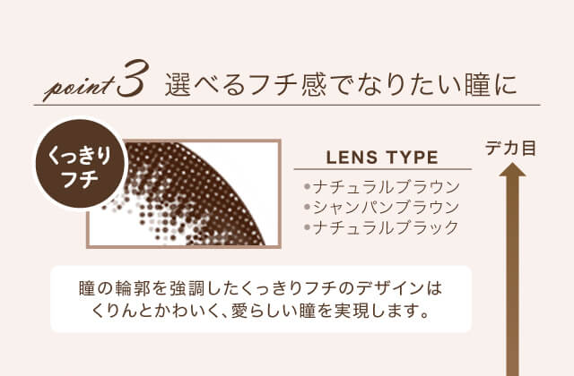 沢尻エリカイメージモデルカラコン Ever Color 1day Natural -エバーカラーワンデーナチュラル|point3 選べるフチ感でなりたい瞳に くっきりフチ LENS TYPE ・ナチュラルブラウン ・シャンパンブラウン ・ナチュラルブラック 瞳の輪郭を強調したくっきりフチのデザインは、くりんとかわいく、愛らしい瞳を実現します。デカ目⇔