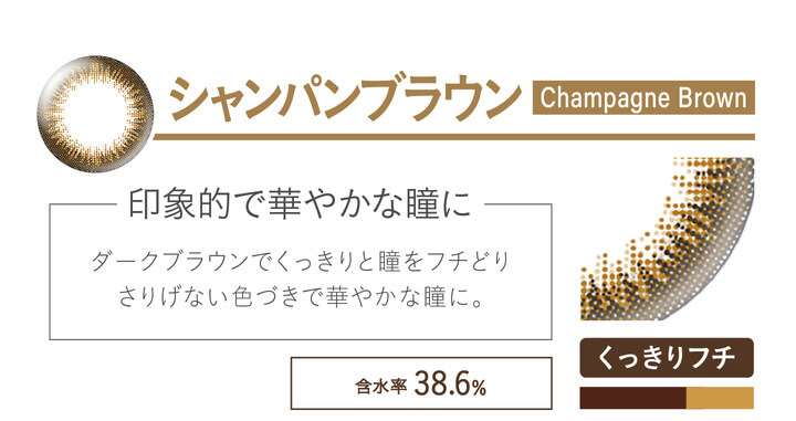 カラコン Ever Color 1day Natural -エバーカラーワンデーナチュラル|シャンパンブラウン champagnebrowna 印象的な華やかな瞳に ダークブラウンでくっきりと瞳をフチどりさりげない色づきで華やかな瞳に。 UVカット うるおい
