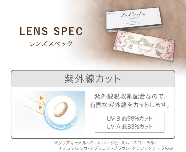 カラコン Ever Color 1day Natural -エバーカラーワンデーナチュラル|LENS SPEC レンズスペック 紫外線カット 紫外線吸収剤配合なので、有害な紫外線をカットします。UV-B 約98%カット UV-A 約83%カット ※クリアキャメル パールベージュ スムースコーラル ナチュラルモカ アプリコットブラウン クラシックチーク のみ