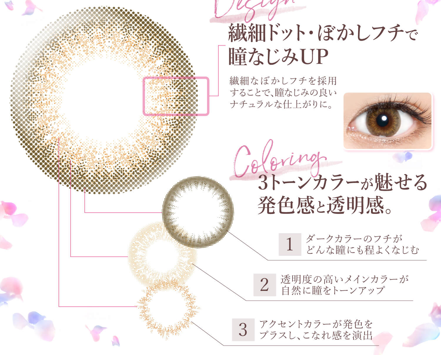 Ever Color 1day -エバーカラーワンデー|<繊細ドット・ぼかしフチで瞳なじみUP>繊細なぼかしフチを採用することで、瞳なじみの良いナチュラルな仕上がりに。<3トーンカラーが魅せる発色感と透明感。>1.ダークカラーのフチがどんな瞳にも程よくなじむ。2.透明度の高いメインカラーが自然に瞳をトーンアップ。3.「アクセントカラーが発色をプラスし、こなれ感を演出。