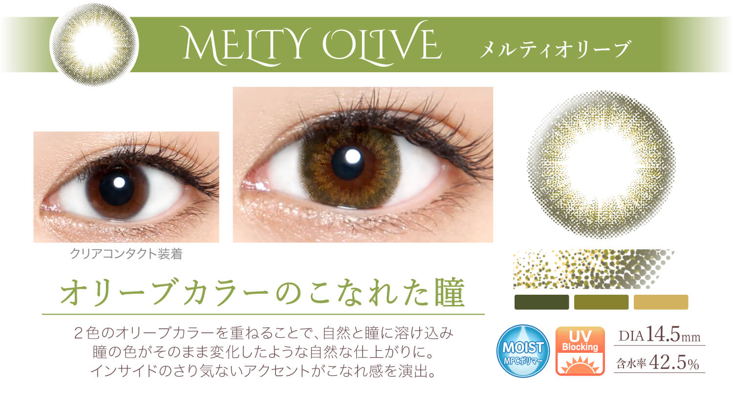 Ever Color 1day -エバーカラーワンデー|<MEITY OLIVE メルティオリーブ>オリーブカラーのこなれた瞳!2色のオリーブカラーを重ねることで、自然と瞳に溶け込み、瞳の色がそのまま変化したような自然な仕上がりに。インサイドのさり気ないアクセントがこなれ感を演出。