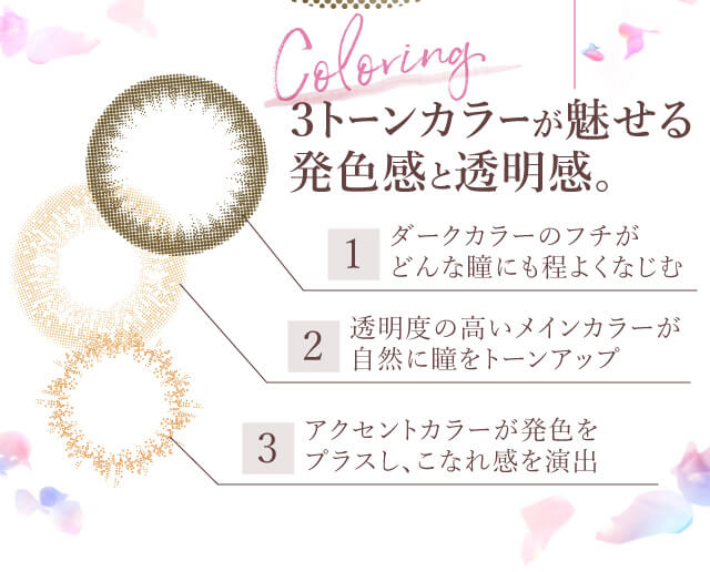 カラコン Ever Color 1day -エバーカラーワンデー|<3トーンカラーが魅せる発色感と透明感。>1.ダークカラーのフチがどんな瞳にも程よくなじむ。2.透明度の高いメインカラーが自然に瞳をトーンアップ。3.「アクセントカラーが発色をプラスし、こなれ感を演出。