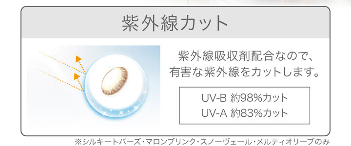 安斉かれんイメージモデルカラコン Ever Color 1day -エバーカラーワンデー|紫外線カット 紫外線吸収剤配合なので、有害な紫外線をカットします。UV-B 約98%カット UV-A 約83%カット ※シルキートパーズ・マロンブリング・スノーヴェール・メルティオリーブのみ