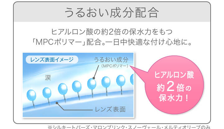 安斉かれんイメージモデルカラコン Ever Color 1day -エバーカラーワンデー|うるおい成分配合 レンズ表面イメージ うるおい成分(MPCポリマー) 涙 レンズ表面 ヒアルロン酸約2倍の保水力! ヒアルロン酸の約2倍の保水力をもつ「MPCポリマー」配合。一日中快適な付け心地に。 ※シルキートパーズ・マロンブリング・スノーヴェール・メルティオリーブのみ