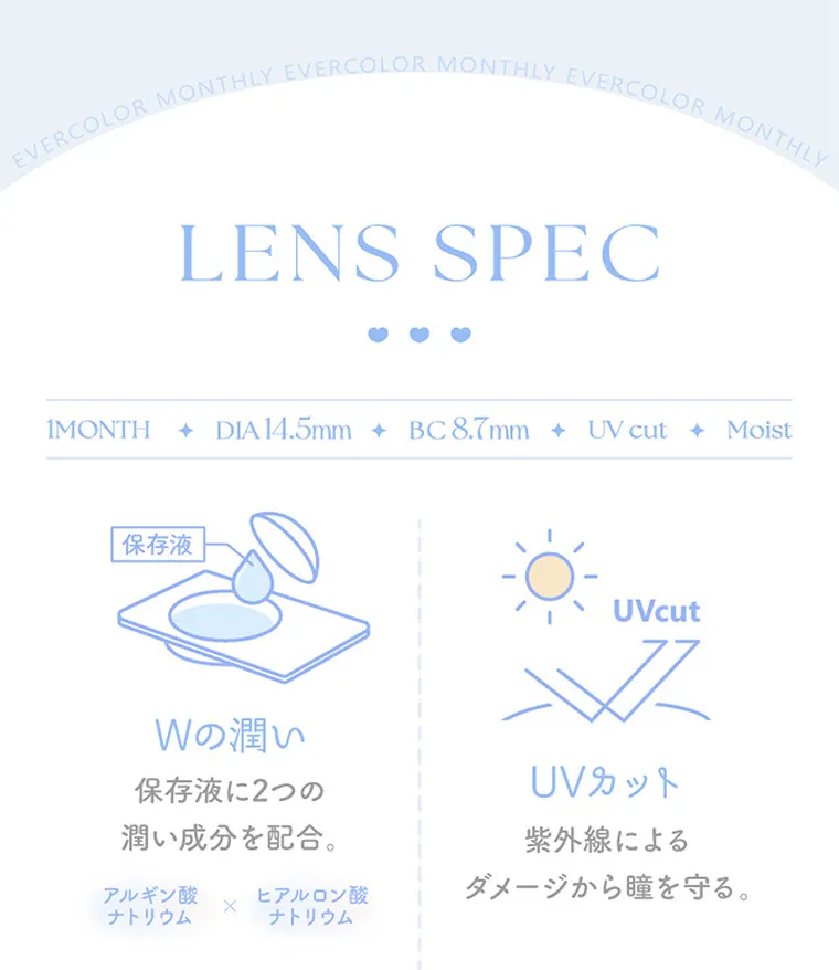 新木優子イメージモデル【エバーカラーマンスリー／EverColor 1MONTH】｜LENS SPEC 1MONTH ◆ DIA14.5mmBC8.7mm UV cut Moist 保存液Wの潤い保存液に2つの潤い成分を配合。 UVカット紫外線によるダメージから瞳を守る。アルギン酸 ナトリウム ヒアルロン酸 