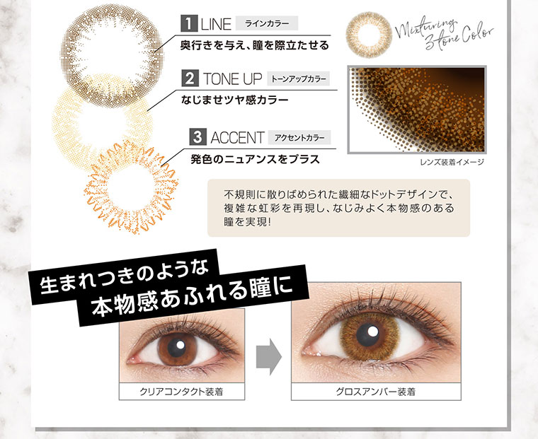 カラコン EverColor 1day LUQUAGE -エバーカラーワンデールクアージュ|1.LINE ラインカラー:奥行きを与え、瞳を際立たせる。2. TONE UP トーンアップカラー:なじませツヤ感カラー。3. ACCENT アクセントカラー:発色のニュアンスをプラス。生まれつきのような本物感あふれる瞳に。