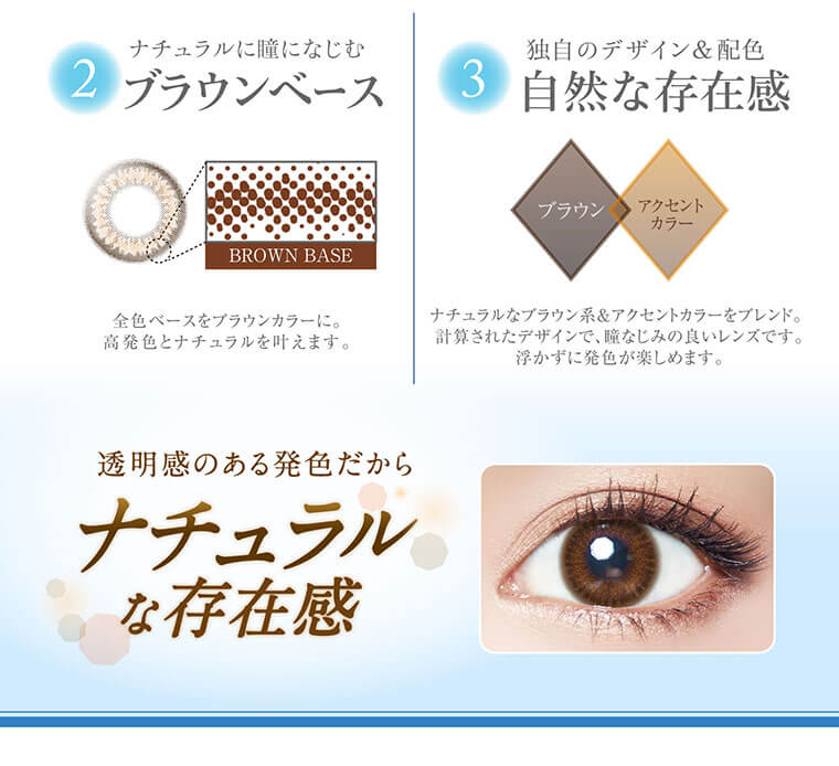 沢尻エリカイメージモデルカラコン Ever Color 1day MOIST LABEL -エバーカラーワンデーモイストレーベル|2.ナチュラルに瞳になじむブラウンベース:全色ベースをブラウンカラーに。高発色とナチュラルを叶えます。3.独自のデザイン&配色 自然な存在感:ブラウン/アクセントカラー、ナチュラルなブラウン系&アクセントカラーをブレンド。計算されたデザインで、暗なじみの良いレンズです。浮かずに発色が楽しめます。『透明感のある発色だからナチュラルな存在感』