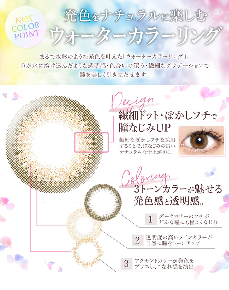 沢尻エリカイメージモデルカラコン Ever Color 1day -エバーカラーワンデー|発色をナチュラルに楽しむ ウォーターカラーリング!まるで水彩のような発色を叶えた「ウォーターカラーリング」。色が水に溶け込んだような透明感・色合いの深み・繊細なグラデーションで瞳を美しく引き立たせます。<繊細ドット・ぼかしフチで瞳なじみUP>繊細なぼかしフチを採用することで、瞳なじみの良いナチュラルな仕上がりに。<3トーンカラーが魅せる発色感と透明感。>1.ダークカラーのフチがどんな瞳にも程よくなじむ。2.透明度の高いメインカラーが自然に瞳をトーンアップ。3.「アクセントカラーが発色をプラスし、こなれ感を演出。
