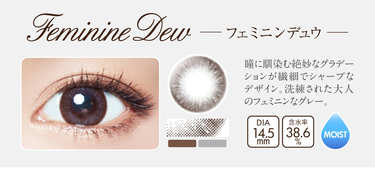 沢尻エリカイメージモデルカラコン Ever Color 1day MOIST LABEL -エバーカラーワンデーモイストレーベル|Feminine Dew -フェミニンデュウ:繊細な瞳に馴染む絶妙なグラデーションが繊細でシャープなデザイン。洗練された大人のフェミニンなグレー。DIA14.5mm/含水率38.6%/MOIST